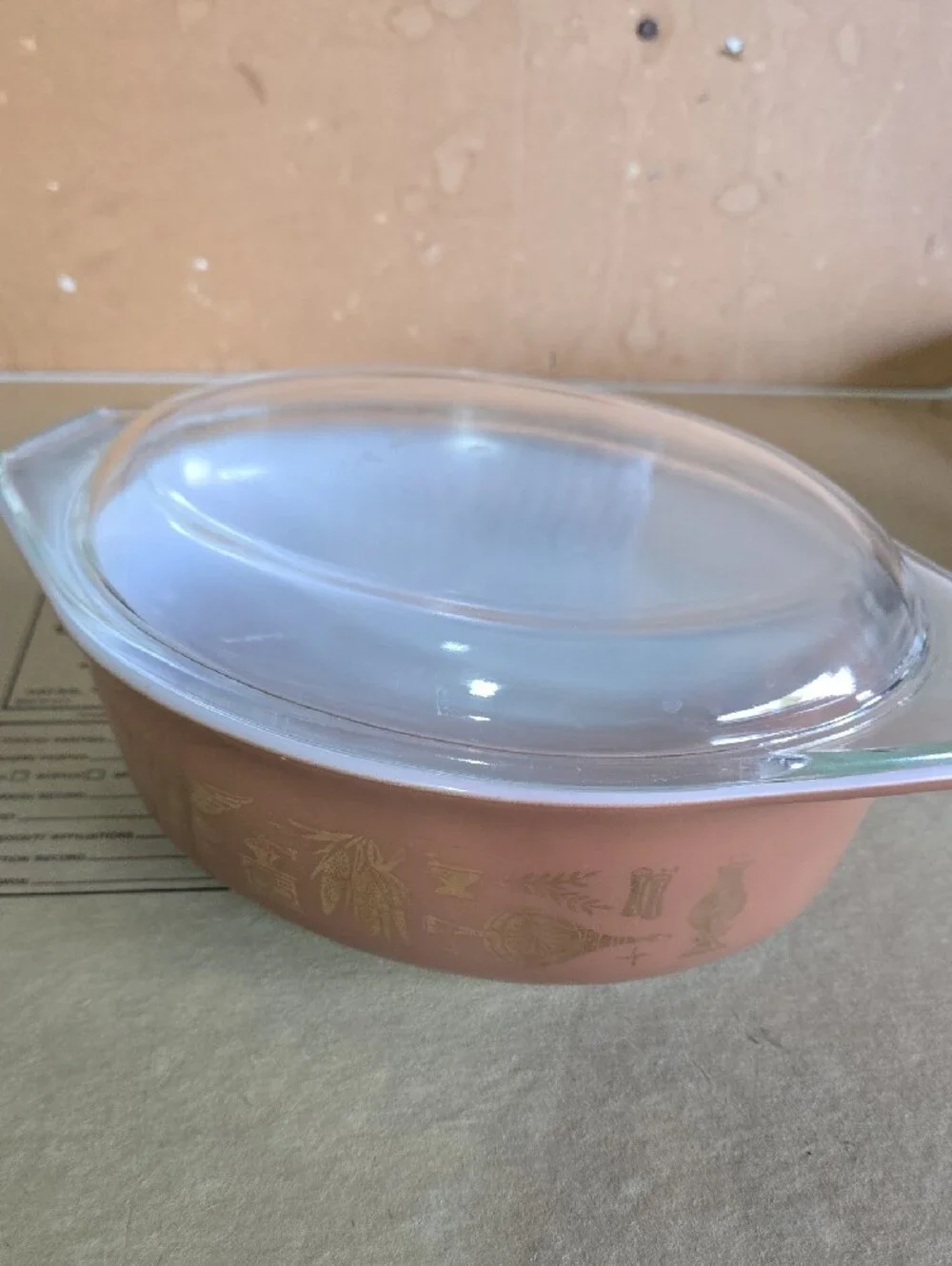 Pyrex Brown and White Round Casserole with Floral Band